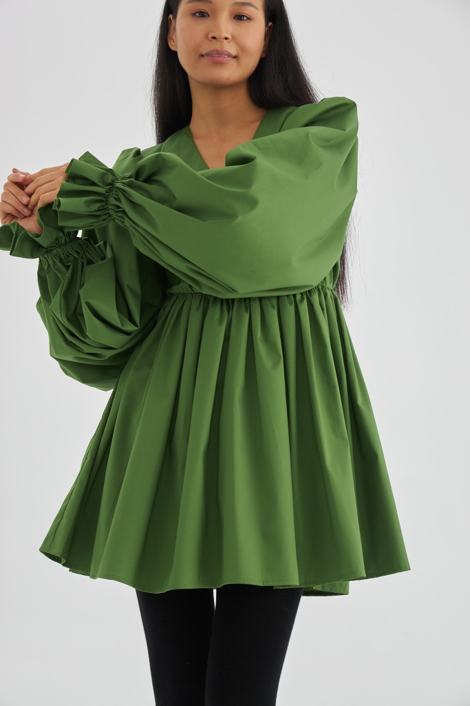 INSPIRE Платье из хлопка с рукавами-буфами (травяной)