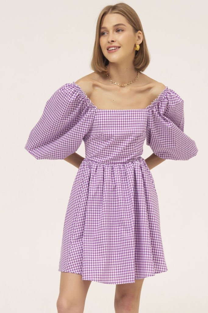 INSPIRE Платье на завязках с объемными рукавами (фиолетовая клетка)