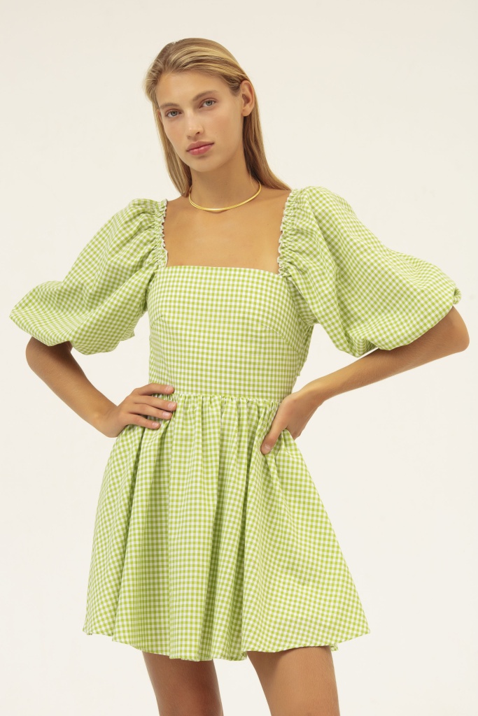 INSPIRE Платье на завязках с объемными рукавами (зеленая клетка)
