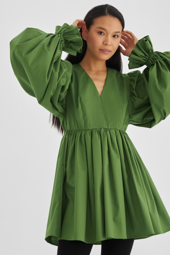 INSPIRE Платье из хлопка с рукавами-буфами (травяной)